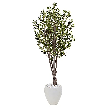 Nearly Natural 5' Artificial Olive Tree With Oval Planter, Green/White