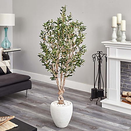 Nearly Natural 5 ft. Olive Tree in White Oval Planter