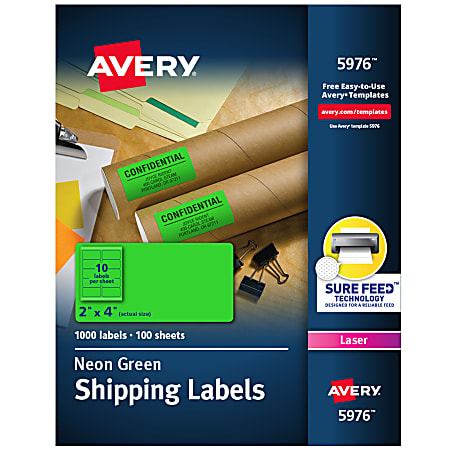 Avery® High-Visibility Shipping Labels, AVE5976, 2" x 4", Neon Green, Box Of 1000