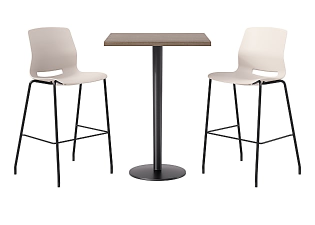 KFI Studios Proof Bistro Square Pedestal Table With Imme Bar Stools, Includes 2 Stools, 43-1/2”H x 30”W x 30”D, Studio Teak Top/Black Base/Moonbeam Chairs