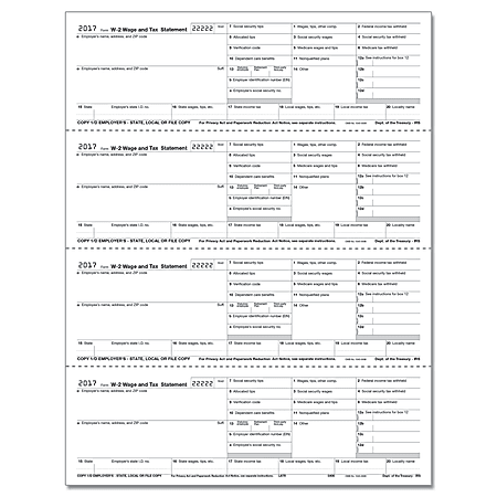 ComplyRight W-2 Horizontal Format Inkjet/Laser Tax Forms, Employer Copy 1 For Payer Records Or For State/City Tax Department, 4-Up, 8 1/2" x 11", Pack Of 50 Forms