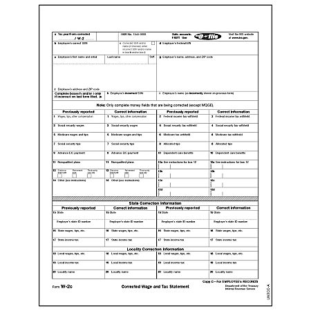 W-2C Corrected Wage And Tax Statement, Employee's Record Copy C 30% Recycled Laser Forms, Pack Of 50