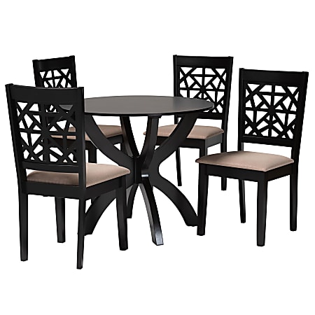 Baxton Studio Lena Modern Fabric/Finished Wood 5-Piece Dining Set, 29-15/16"H x 35-7/16"W x 35-7/16"D, Beige/Dark Brown