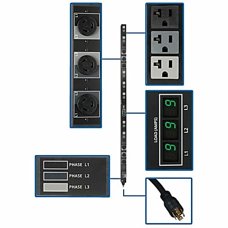 Tripp Lite PDU 3-Phase Metered 208/120V 5.7 kW 21 5-15/20R; 6 L6-20R 0URM, PDU3MV6L2120B