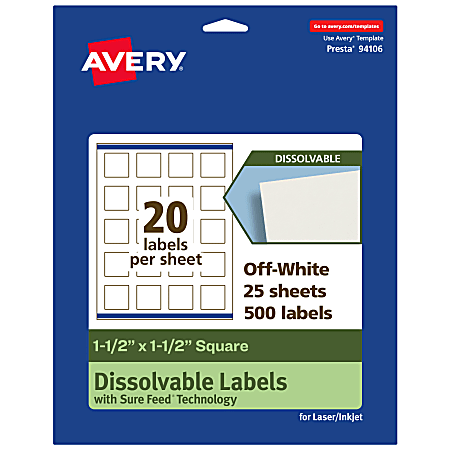 Avery® Print-to-the-Edge Dissolvable Labels With Sure Feed® Technology, 94106-DWMP25, Square, 1-1/2"x1-1/2", Matte Off-White, Pack Of 500