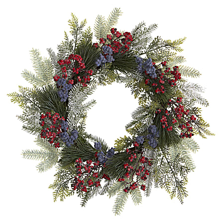 Nearly Natural 24”H Pine And Cedar Artificial Wreath With Berries, 24” x 5”, Green