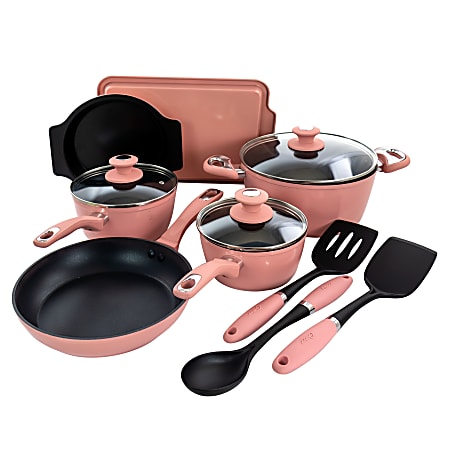 Oster Lynhurst 12-Piece Aluminum Cookware Set, Pink
