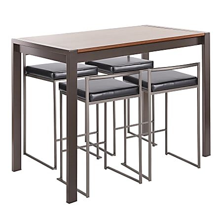 LumiSource Fuji Industrial Counter-Height Dining Table With 4 Stools, Antique Metal/Walnut/Black