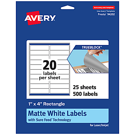 Avery® TrueBlock® Labels With Sure Feed®, 94202-TWMP25, Rectangle, 1" x 4", Matte White, Pack Of 500