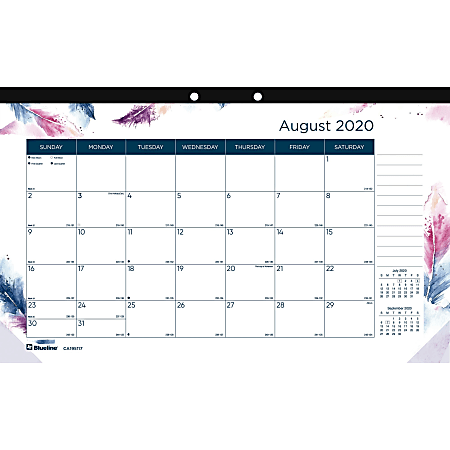 Blueline BOHO Academic Monthly Desk Pad - Academic/Professional - Monthly - 1 Year - August 2020 till July 2021 - 1 Month Single Page Layout - 10 7/8" Sheet Size - 2 x Holes - Desk Pad - Multi - Chipboard - 10.9" Height x 17.8" Width