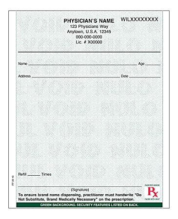 Custom Vertical Prescription Pads, Green, 5 1/2" x 4 1/4", 100 Sheets Per Pad, Box Of 4 Pads