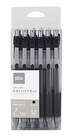 Office Depot® Brand Callisto Retractable Gel Ink Pens, Fine Point, 0.5 mm, Transparent Black Barrel, Black Ink, Pack Of 12 Pens