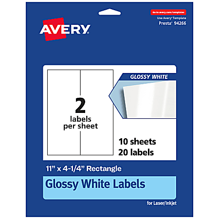 Avery® Glossy Permanent Labels, 94266-WGP10, Rectangle, 11" x 4-1/4", White, Pack Of 20
