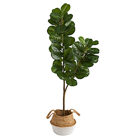 Nearly Natural Fiddle Leaf Fig 54”H Artificial Tree With Handmade Woven Planter, 54”H x 8”W x 8”D, Green/Tan White
