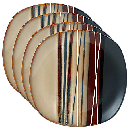 Hometrends Bazaar 4-Piece Soft Square Stoneware Salad Plate Set, 8-1/2”, Striped Brown