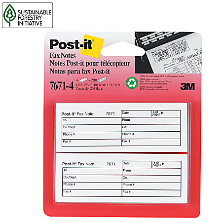 Post-it® Fax Transmittal Memo Pads, 200 Total Notes, Pack Of 4 Pads, 1 15/32" x 4", White, 50 Notes Per Pad