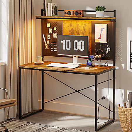 Bestier 40"W Computer Desk With Hutch, Power Outlet, RGB LED Lights And Pegboard, Rustic Brown