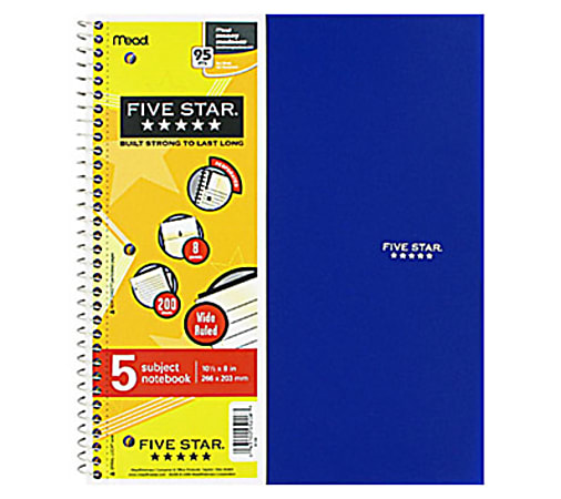 Five Star® Trend Notebook, 8" x 10 1/2", 5 Subjects, Wide Ruled, 400 Pages (200 Sheets), Assorted Colors