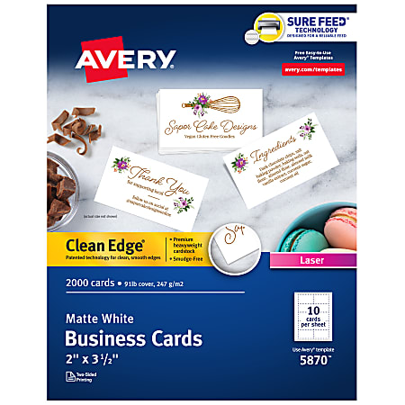 Avery® Clean Edge® Printable Business Cards With Sure Feed® Technology for Laser Printers, 2" x 3.5", White, 2,000 Blank Cards