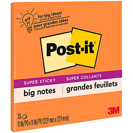 Post-it® Super Sticky Big Notes, 11" x 11", Orange, 30 Sheets Per Pad