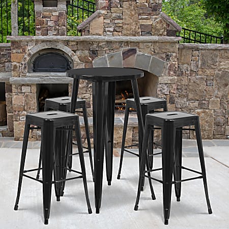 Flash Furniture Commercial-Grade Round Metal Indoor/Outdoor Bar Table Set With 4 Square Backless Stools, 41"H x 24"W x 24"D, Black