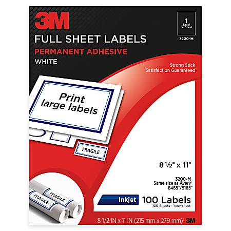 3M™ White Inkjet Permanent Full-Sheet Labels, 8 1/2" x 11", Pack Of 100