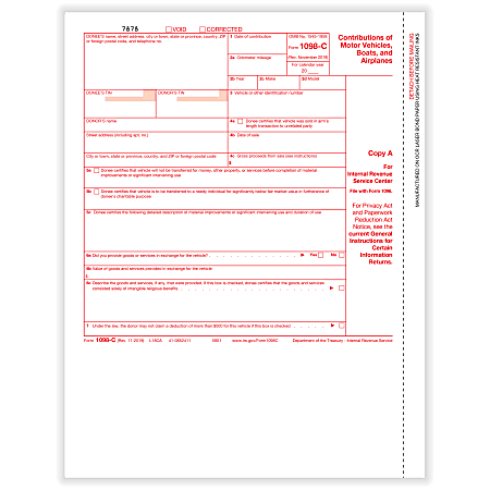 ComplyRight™ 1098-C Tax Forms, Federal Copy A, Laser, 8-1/2" x 11", Pack Of 50 Forms