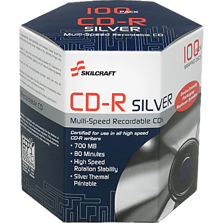 SKILCRAFT® 52X CD-R Thermal Printable Media, 700 MB, 80 Minutes, Pack Of 100