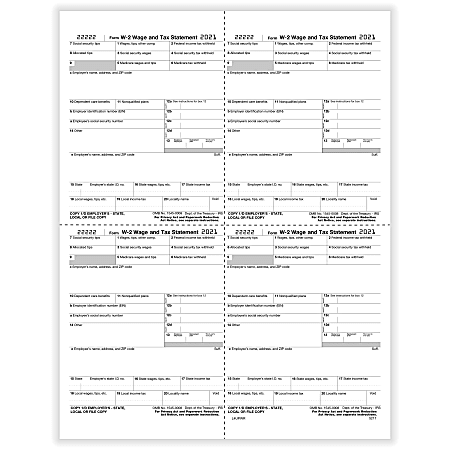 ComplyRight™ W-2 Tax Forms, 4-Up (W-Style Alternate), Employer's Copies 1/D, 1/D, 1/D, 1/D, Laser, 8-1/2" x 11", Pack Of 50 Forms