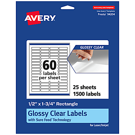 Avery® Glossy Permanent Labels With Sure Feed®, 94204-CGF25, Rectangle, 1/2" x 1-3/4", Clear, Pack Of 1,500