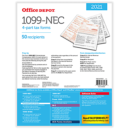 Office Depot Brand 1099-MISC Laser Tax Forms and Envelopes 2019 Tax Year 4-Part Pack of 10 Form Sets 8-1/2 x 11 