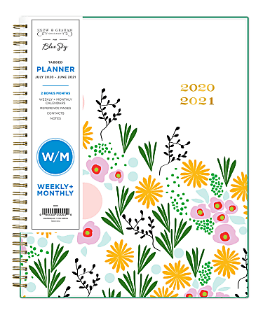Blue Sky™ Snow & Graham 14-Month Weekly/Monthly Tabbed Planner, 8-1/2" x 11", Multicolor Flowers, July 2020 To June 2021, 1208