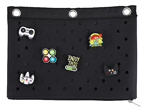 Office Depot® Brand 3-Ring Silicone Pencil Pouch With Charms, 7" x 9-13/16", Black