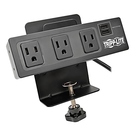 Tripp Lite Protect It! TLP310USBC 3-Outlet Surge Protector With 2 USB Ports &amp; Desk Clamp, 10', Black