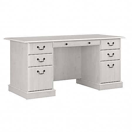 Bush Furniture Saratoga Executive 66"W Computer Desk With Drawers, Linen White Oak, Standard Delivery