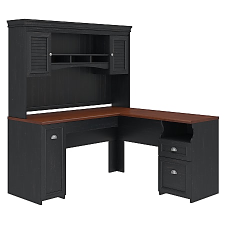 Bush Furniture Fairview 60"W L-Shaped Desk With Hutch, Antique Black/Hansen Cherry, Standard Delivery