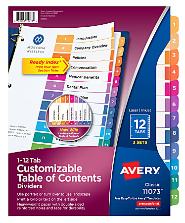 Avery® Ready Index® 1-12 Tab Binder Dividers With Customizable Table Of Contents, 8-1/2" x 11", 12 Tab, White/Multicolor, Pack Of 3 Sets