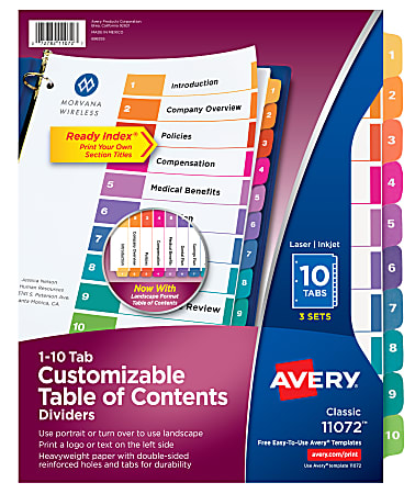 Avery® Ready Index® 1-10 Tab Binder Dividers With Customizable Table Of Contents, 8-1/2" x 11", 10 Tab, White/Multicolor, Pack Of 3 Sets