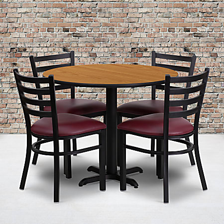 Flash Furniture Round Laminate Table Set With X-Base And 4 Ladder-Back Metal Chairs, 30"H x 36"W x 36"D, Natural/Burgundy