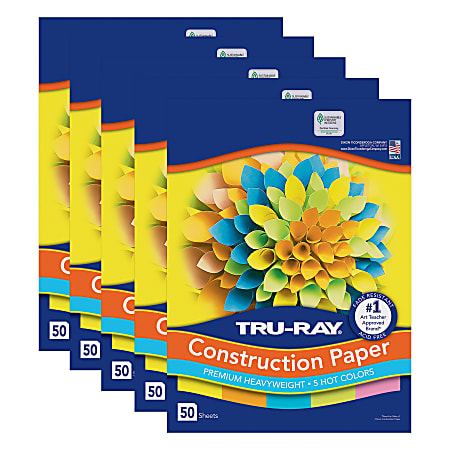 Tru-Ray Construction Paper, Heavyweight, 9" x 12", 5 Assorted Hot Colors, 50 Sheets Per Pack, Set Of 5 Packs