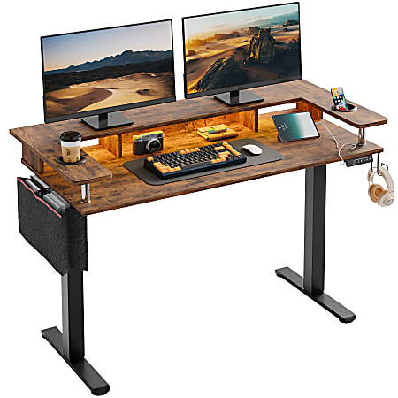 Bestier 59"W Electric Adjustable-Height Standing Desk With Monitor Riser, Cup Holder And Hooks, Rustic Brown