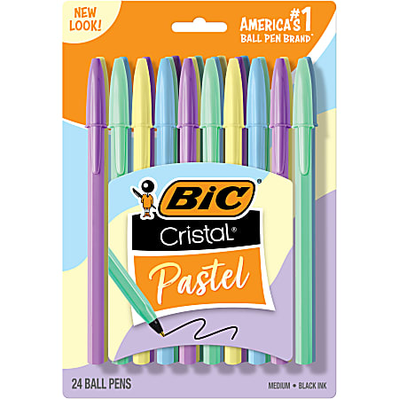 BIC Cristal Pastel Ballpoint Pens, Black Ink, Pastel Colored Barrels, Pens for Journaling, 24-Count Pack