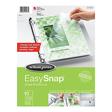 Wilson Jones® EasySnap™ Sheet Protectors, 8 1/2" x 11", Pack Of 10