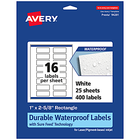 Avery® Waterproof Permanent Labels With Sure Feed®, 94201-WMF25, Rectangle, 1" x 2-5/8", White, Pack Of 400