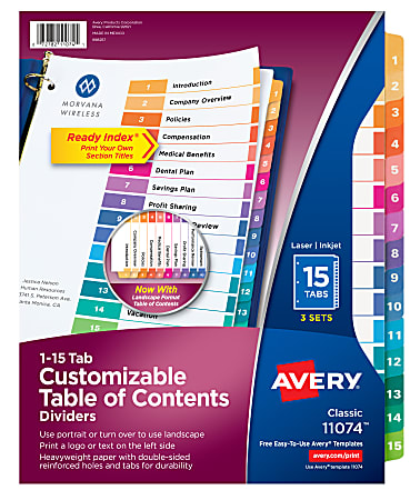 Avery Customizable Table of Contents Dividers, Ready Index(R) Printable Section Titles, Preprinted 1-15 Multicolor Tabs, 3 Sets (11074)