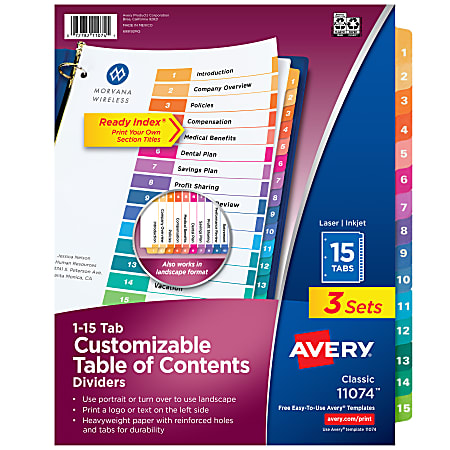 Avery® Ready Index® 1-15 Tab Binder Dividers With Customizable Table Of Contents, 8-1/2" x 11", 15 Tab, White/Multicolor, Pack Of 3 Sets