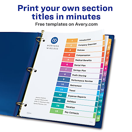 Avery Customizable Table of Contents Dividers, Ready Index(R) Printable Section Titles, Preprinted 1-15 Multicolor Tabs, 3 Sets (11074)