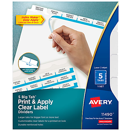 Avery®Index Maker® Big Tab Clear Label Dividers, 5-Tab Set