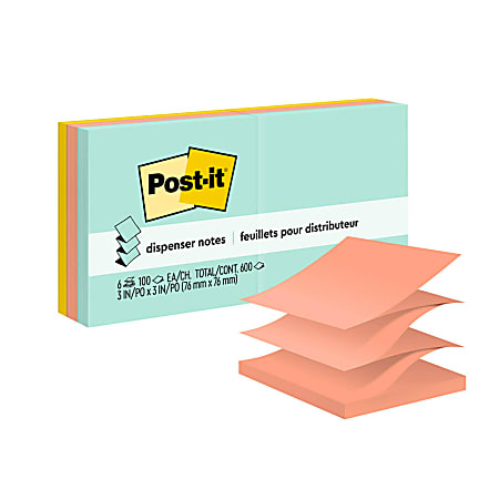 Post-it® Dispenser Pop-up Notes, 600 Total Notes, Pack Of 6 Pads, 3" x 3", Beachside Café Collection, 100 Notes Per Pad