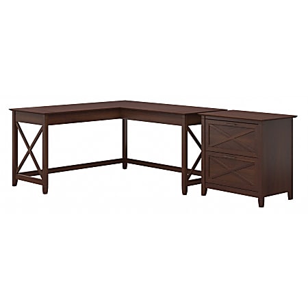 Bush Business Furniture Key West 60"W L-Shaped Corner Desk With Lateral File Cabinet, Bing Cherry, Standard Delivery